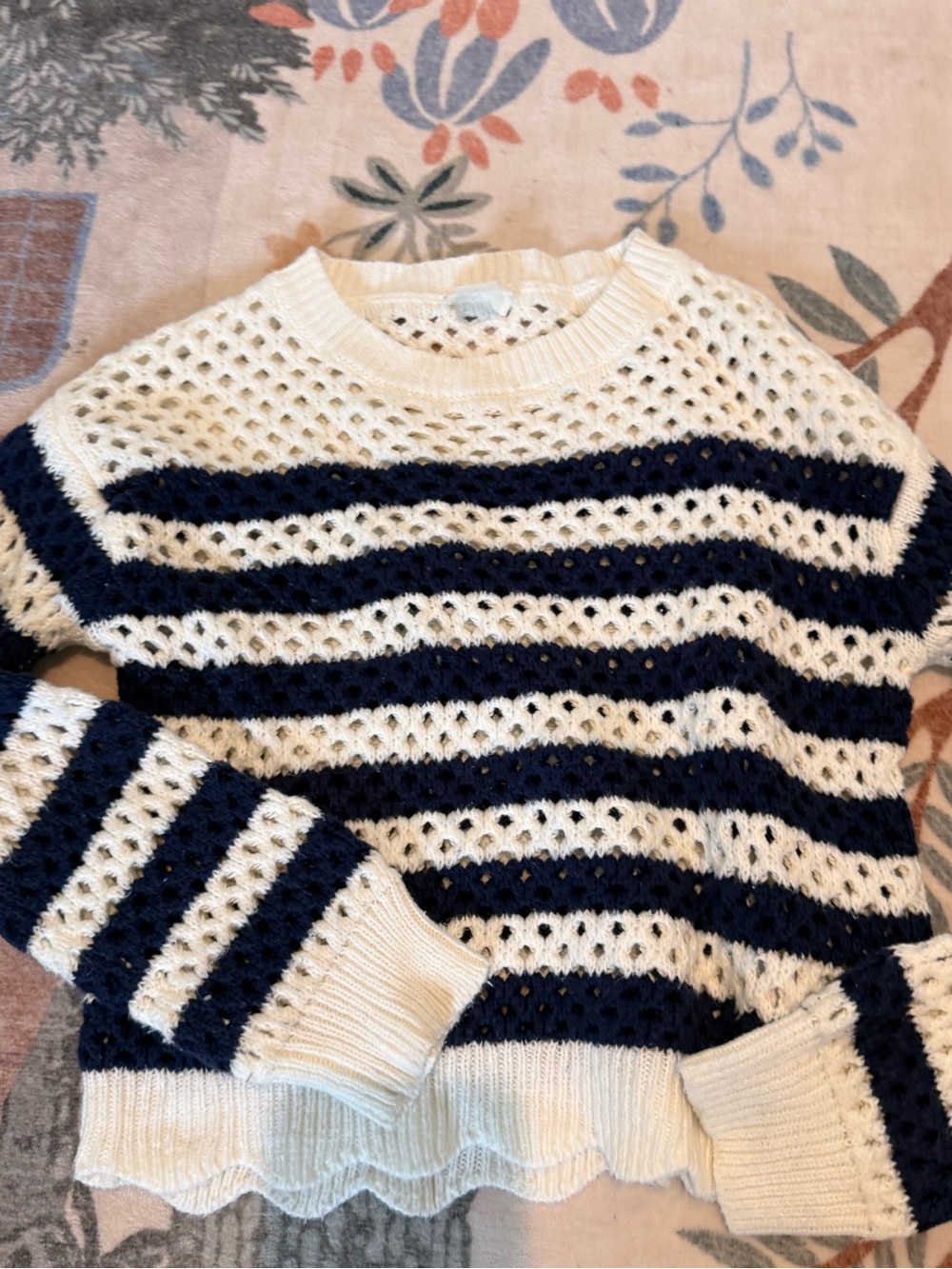 Striped Open-Knit Sweater - White and Navy